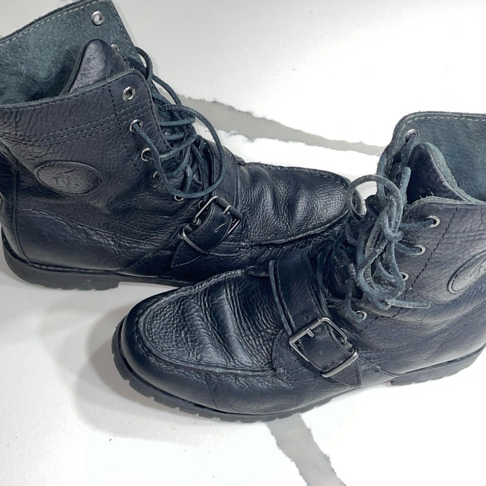 Polo Ralph Lauren Ranger Men's Leather Lace Up Boots Size 8 D Black Buckle